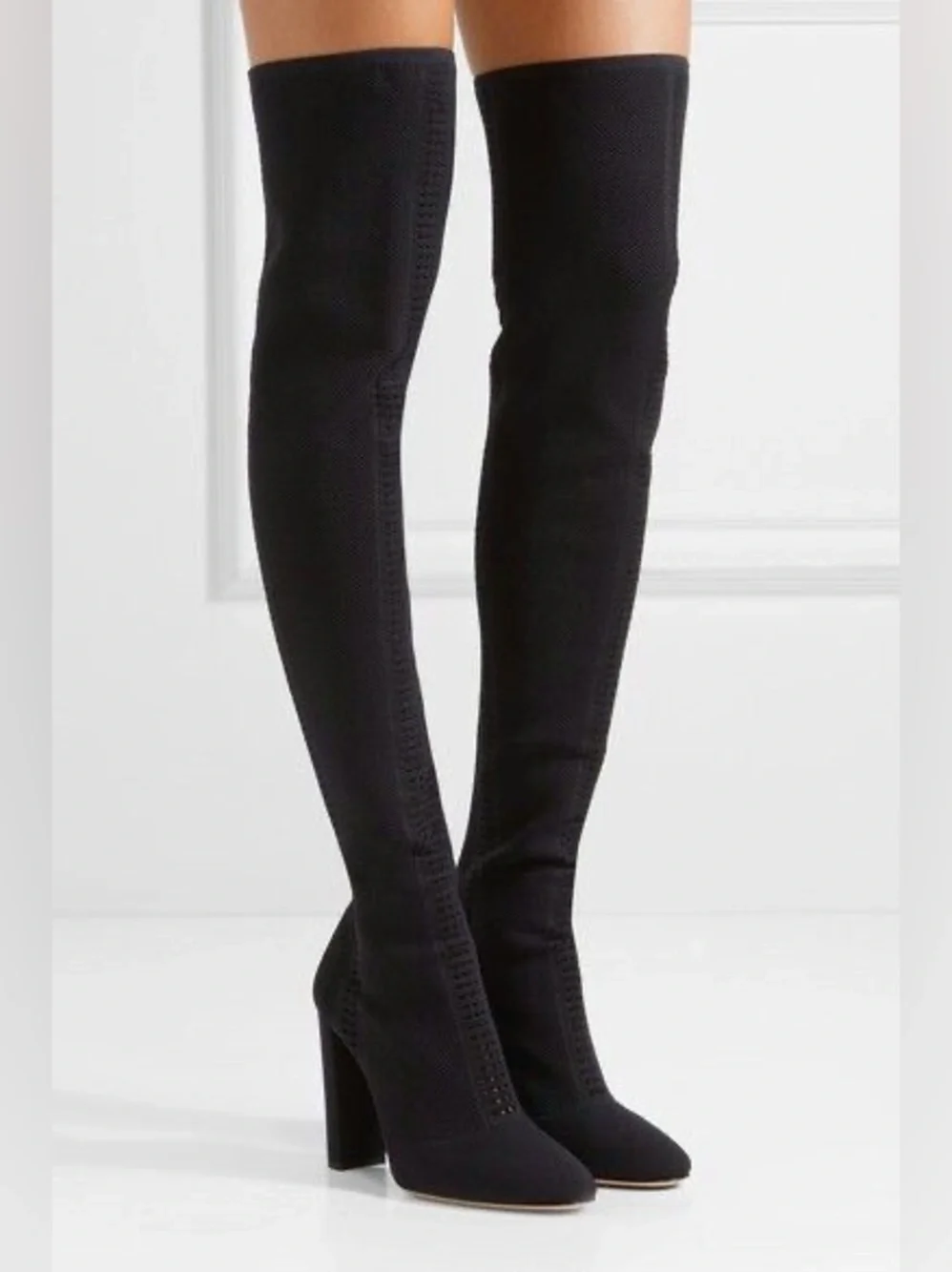 Gianvito Rossi Black Over-the-Knee Stretch Knit Block-Heel Boots